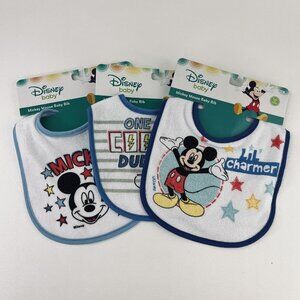 Disney Mickey Mouse Baby Bib Set Lot 3 Boy Blue and White New Cotton Washable